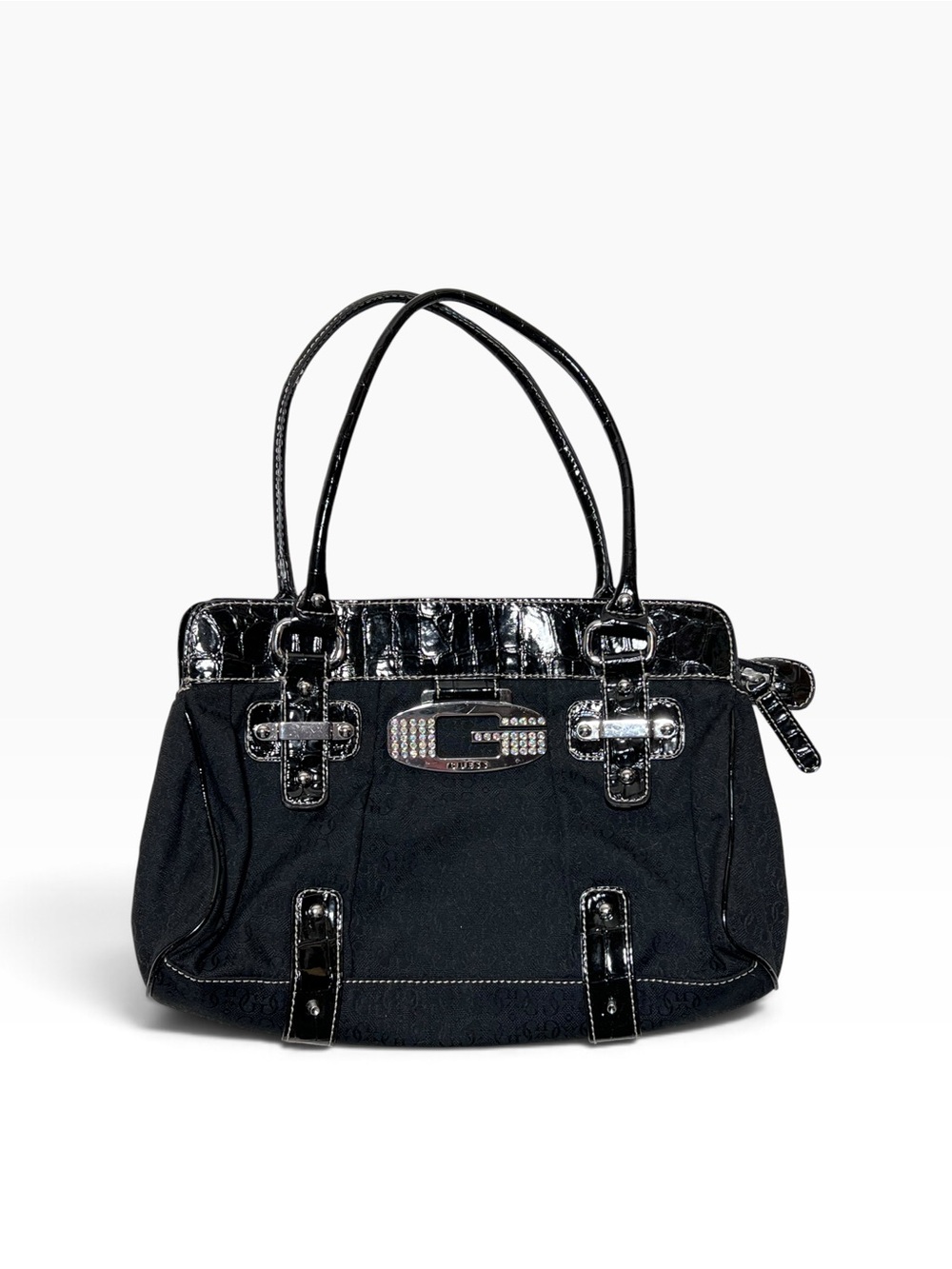 Guess Black Tote with Patent Trim and Silver Hardware